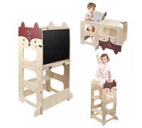 Tour d'apprentissage Montessori 3-en-1 en bois avec tabouret à 3 niveaux-Convient aux enfants de 1 à 6 ans-Motif renard
