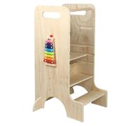 Tour d'apprentissage Montessori - Marchepied pour enfants / accessoire de cuisine - Réglable en hauteur - Trois marches - En bois - À partir de 1 an - Dimensions : 90 x 54 x 38 cm - Couleur naturelle