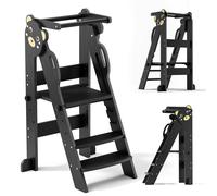 Tour d'apprentissage Montessori pour enfants - 3 en 1 : aide de cuisine, tabouret d'apprentissage et tableau - Pliable - Réglable en hauteur - Double face - En bois massif - Pour les enfants de 1 à 2