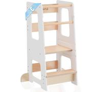 Tour d'apprentissage Montessori réglable en 3 hauteurs avec double barrière de protection, autocollants antidérapants & pieds antichute - Tour d'apprentissage en bois - Jouets Montessori dès 3 ans (Bl