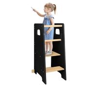 Tour d'apprentissage Montessori - Tour de cuisine pour enfants - À partir de 12 mois - Réglable en hauteur - Capacité de charge : 50 kg - Système anti-basculement - Bois - Noir