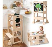 Tour d'apprentissage observation Montessori 4 en 1 - Pliante tableau noir tabouret cuisine bois - Cadeau garçons filles 1-3 ans