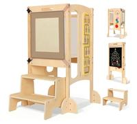 Tour d'apprentissage pliante en bois à partir de 1 an, marchepied enfant multifonctionnel Montessori 5 en 1 avec planche & protection contre l'inclinaison 360°, filet de sécurité, tour d'apprentissage
