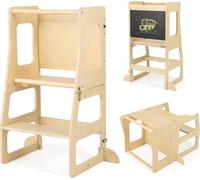 Tour d'apprentissage pour enfants 3 en 1, escabeau pliant, tableau noir et ensemble de table pour enfants à partir de 1 an, tour debout naturel