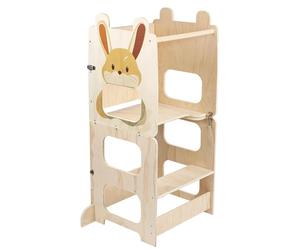 Tour d'apprentissage pour enfants - Aide de cuisine Montessori - Réglable en hauteur - Pliable, 3-en-1 - Sécurité anti-basculement - Bois massif, à partir de 1 an - Motifs de lapins