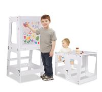 Tour d'apprentissage pour Enfants, Montessori 3 en 1 Tour d'observation, Pliable Chaise d'apprentissage Tabouret pour Enfants avec avec Tableau à Dessin Noir et Crayons aquarelles, Montessori Kitchen