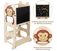 Tour d'apprentissage transformable avec tableau à dessin, Table et chaise 2-en-1 pour enfants, Échelle en bois - Motif singe