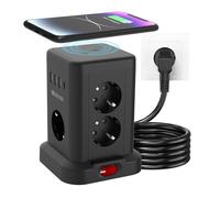 Tour de prise 7 prises avec chargeur sans fil - Protection contre les surtensions - Interrupteur - 10 A - 2300 W - Multiprise (7 Schuko + 4 USB) - Multiprise avec rallonge de 2 m - Pour bureau - Noir