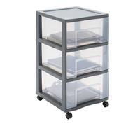 SUNDIS Tag Tower XL, tour de rangement en plastique gris, avec roulettes, 3 grands tiroirs transparents, hauteur 64,5 cm, idéale rangement bureau, cours, documents, fournitures, accessoires
