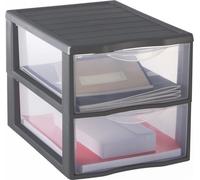 Tour de rangement format A4 2 tiroirs avec système d'arrêt d'ouverture à poignée ergonomique, polypropylène, argenté