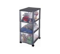 SUNDIS Orgamix, tour de rangement en plastique gris avec roues, 3 grands tiroirs transparents format papier A4, hauteur 63,5 cm, se déplace facilement, idéale rangement bureau, cours, documents