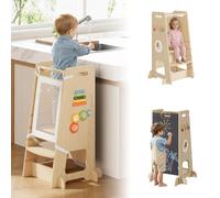 Tour d'Observation Enfant, Tour d'apprentissage avec Filet de Sécurité à Clips, Repose-Pieds Réglable en Hauteur, Activités Éducatives, 90 x 57,5 x 47 cm, pour Enfant 1-6 Ans, Couleur Bois