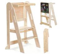 Tour d'Observation Montessori Pliable pour Enfants, Tabouret d'apprentissage en Bois avec Tableau Noir, Aide de Cuisine Pliante et Gain de Place, avec Barrière de Sécurité