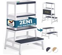Spielwerk® Tour d'Observation Montessori en Bois pour Enfant, Stable et Sécurisée, Hauteur 93cm - Tour d'apprentissage avec Tableau noir, Marchepied Bois de Pin Anthracite - Dès 2 ans