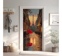 Tour Eiffel France Poster de Porte 3D Trompe L'oeil 73x205 cm, Paris Romantique Auto-Adhésif Sticker Porte pour Chambre Cuisine, Parapluie Rouge Stickers Autocollants de Porte