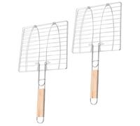 TOVINANNA Lot de 2 Paniers à Griller en Métal Argenté pour Barbecue Extérieur, Grillage Uniforme, Poignée en Bois, pour Poisson et Viande Quotidien