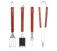 Tower Lot de 4 ustensiles de Barbecue en Acier Inoxydable avec poignées en Bois d'érable Rouge, spatule, Fourchette, Pince et Brosse de Nettoyage