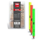 TOX Miniset Boltfix Wood 190 pcs + crayons charpentier Neo, chevilles bois 6/30, 8/40, 10/40, crayons fluo vert, jaune, orange (4 chacun), pour fixations bois, réf. 094909137.