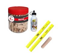 TOX Set chevilles bois Boltfix 8/40 en hêtre (100 pcs), 2 crayons charpentier jaune, colle bois, kit meubles et assemblages solides, 015909002