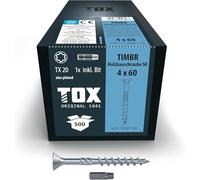 TOX Vis à bois TIMBR SK 4,0 x 60 mm, zinguées bleues à tête fraisée, TX20, vis pour vissage léger et montages à fleur dans la construction en bois, 500 pcs. en carton, 1x embout inclus, 112040414060