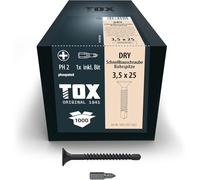 TOX Vis à fixation rapide DRY BS 3,5 x 25 mm, vis noires phosphatées avec filetage fin + pointe de perçage, plaque de plâtre sur ossature métallique, PH2, 1000 pcs, y compris 1x embout, 142553213525
