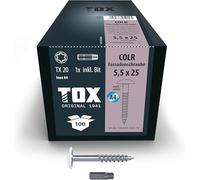 TOX Vis COLR 5,5 x 25 mm, vis pour plaques de façade en acier inoxydable A4 avec tête plate colorée, résistantes à la corrosion et aux UV, 100 pièces dans un carton, 1x embout inclus, 113087415525/W