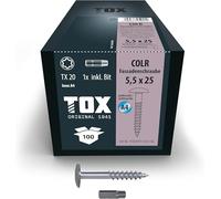 TOX Vis COLR 5,5 x 25 mm, vis pour plaques de façade en acier inoxydable A4 avec tête plate colorée, résistantes à la corrosion et aux UV, 100 pièces dans un carton, 1x embout inclus, 113087415525/AG