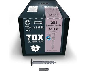 TOX Vis COLR 5,5 x 35 mm, vis pour plaques de façade en acier inoxydable A4 avec tête plate colorée, résistantes à la corrosion et aux UV, 100 pièces dans un carton, 1x embout inclus, 113087415535/S