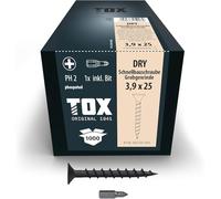 TOX Vis DRY GG 3,9 x 25 mm, vis phosphatées noires avec tête en trompette + filetage grossier, plaque de plâtre sur sous-construction en bois, PH2, 1000pcs, compris 1x embout, 142353213925