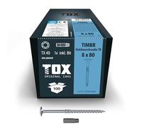TOX Vis TIMBR TK 8,0 x 80 mm, zinguées bleues avec tête plate, TX40, vis pour un vissage facile et une capacité de charge élevée dans la construction en bois, 50 pcs, 1x embout inclus, 112080418080