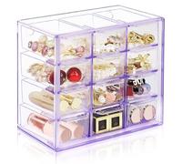 ToyaJeco Organiseur de bureau avec 12 mini tiroirs, boîte de rangement empilable transparente pour maquillage, bijoux, fournitures de bureau (violet)