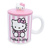 Toynk Sanrio Hello Kitty Tasse en céramique avec couvercle à rayures roses | Grande tasse à café pour thé, expresso, cacao | Capacité : 532 ml