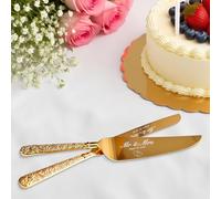 toyofmine Ensemble de 2 pièces pour gâteau de mariage | Personnalisable, comprenant un couteau et une pelle à gâteau, en or, style vintage, avec gravures