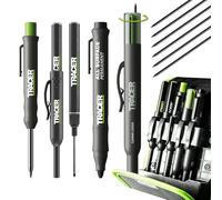 Tracer Kit de 5 marqueurs de construction avec étui de rangement - Crayon de charpentier, 2 marqueurs à pointe longue, marqueur sans obstruction et distributeur de mines de rechange