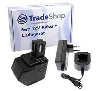 Trade-Shop Lot de 2 batteries NI-MH 12 V 3300 mAh + chargeur avec bloc d'alimentation pour Hilti SB12, SF120-A, SFB121, SFB126, SFB126A, SFL 12, SFL 12/15 Flashlight