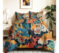 Traditionnel Animaux Couette 4 Saisons Réversible 200 x 200 cm 300G/M² Couette Hypoallergénique Couette Matelassée Orange, Dessus De Lit Tigre Dragon Motif De Nuage Couvre-Lit Couverture Édredon