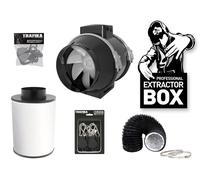 TRAFIKA Extractor KIT 100mm/250m3h Kit d'extraction d'air pour boîte de culture - Ventilateur tubulaire 100mm, filtre à charbon actif, tuyau flexible & colliers de serrage - Kit complet