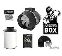 TRAFIKA Kit d'extraction air 100mm 250m³/h - Extracteur, Filtre Charbon, Gaine Flexible, Colliers - Ventilation Anti-Odeur pour Box de Culture intérieure, Tente ou Serre de Jardin