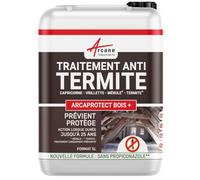 Traitement Anti Termite Bois Sans Propiconazole - Charpente, Poutres, Ossature et Bois Extérieur - Incolore, Recouvrable Peinture, Lasure, Vernis - ARCAPROTECT BOIS+ - 5 L - ARCANE INDUSTRIES