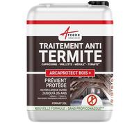 Traitement Anti Termite Bois Sans Propiconazole - Charpente, Poutres, Ossature et Bois Extérieur - Incolore, Recouvrable Peinture, Lasure, Vernis - ARCAPROTECT BOIS+ - 20 L - ARCANE INDUSTRIES