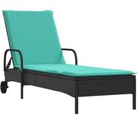Transat avec roulettes et coussin, transat de jardin en résine tressée, réglable, idéal pour la détente, pour jardin, terrasse et balcon, couleur noire et turquoise