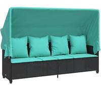 Transat avec toit et coussin, transat de jardin en résine tressée avec dossier réglable, transat d'extérieur pour jardin et terrasse, noir et turquoise