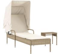 Transat avec toit et table, en polyrotin beige. Transat de jardin avec dossier réglable. Fauteuil transat en rotin, comprenant un coussin, idéal pour le jardin, la terrasse ou le balcon