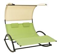 Transat chaise longue - HELLOSHOP26 - Double - Textilène vert et crème - Auvent UV - 2 oreillers