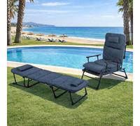 Transat de jardin 2 en 1 | Transat relax | Lit médical | Lit de repos | Lit d'appoint | Fauteuil relax | Fauteuil de repos, couleur bleu-gris, avec coussin inclus et oreiller