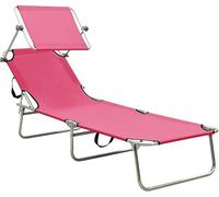 Transat de jardin avec dossier réglable, transat pliable avec auvent, en acier, de couleur rose. Transat, chaise longue, idéal pour la plage, pour l'extérieur, pour le jardin, la terrasse, le balcon o