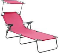 Transat de jardin avec dossier réglable, transat pliable avec auvent, en acier, de couleur rose. Transat de plage, chaise longue pour l'extérieur, idéal pour le jardin, la terrasse, le balcon ou la pi