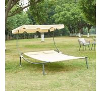 Transat Doppelliege Avigliano pour 2 personnes, dimensions 200 x 134 cm. Transat d'extérieur avec auvent, résistant aux intempéries. Transat de relaxation, couleur beige