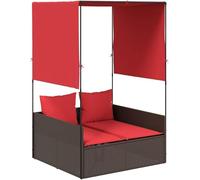Transat double avec toit et rideaux, en résine tressée marron, avec coussins rouges. Ensemble de détente double pour jardin, terrasse et extérieur, dimensions : 118 x 110 x 187 cm
