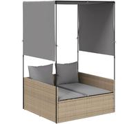 Transat double avec toit et rideaux, transat de jardin en polyrotin, coin détente pour jardin et terrasse, salon de jardin pour 2 personnes, couleur beige, comprenant des coussins pour l'assise et le 